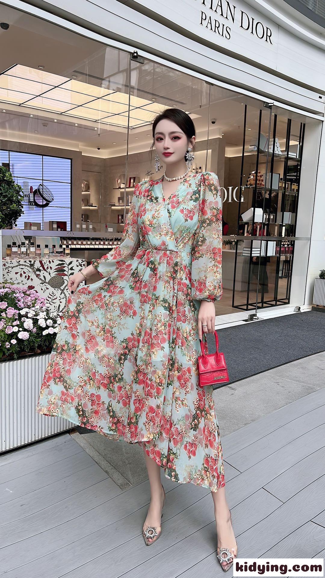 レディース おしゃれ Vネック シフォン ヴァレンティノ ワンピース コピー ハイウエスト 花柄ワンピース ロングワンピース-3