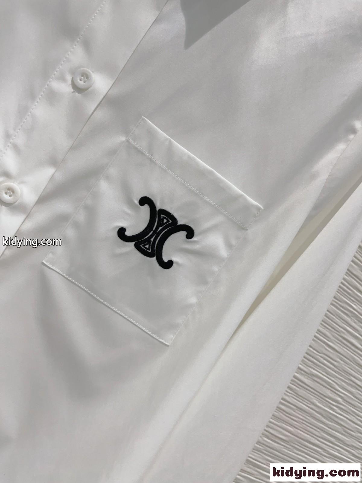 シンプル トリオンフ 刺繍 ロゴ ロングスリーブシャツ セリーヌ シャツ コピー ホワイト-0