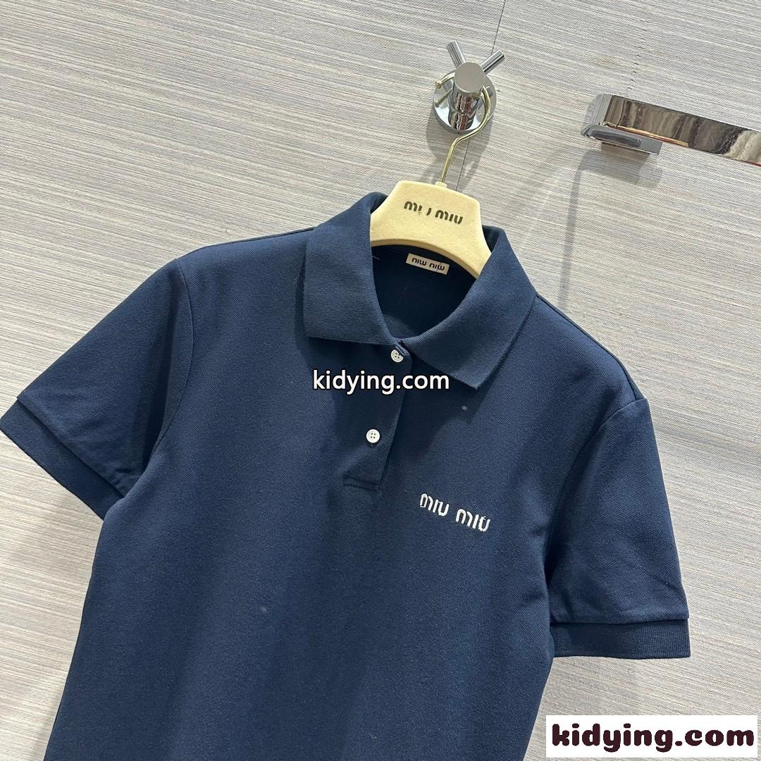 定番 カジュアル コットン 半袖 ポロシャツ ミュウミュウ Tシャツ コピー ネイビー-4