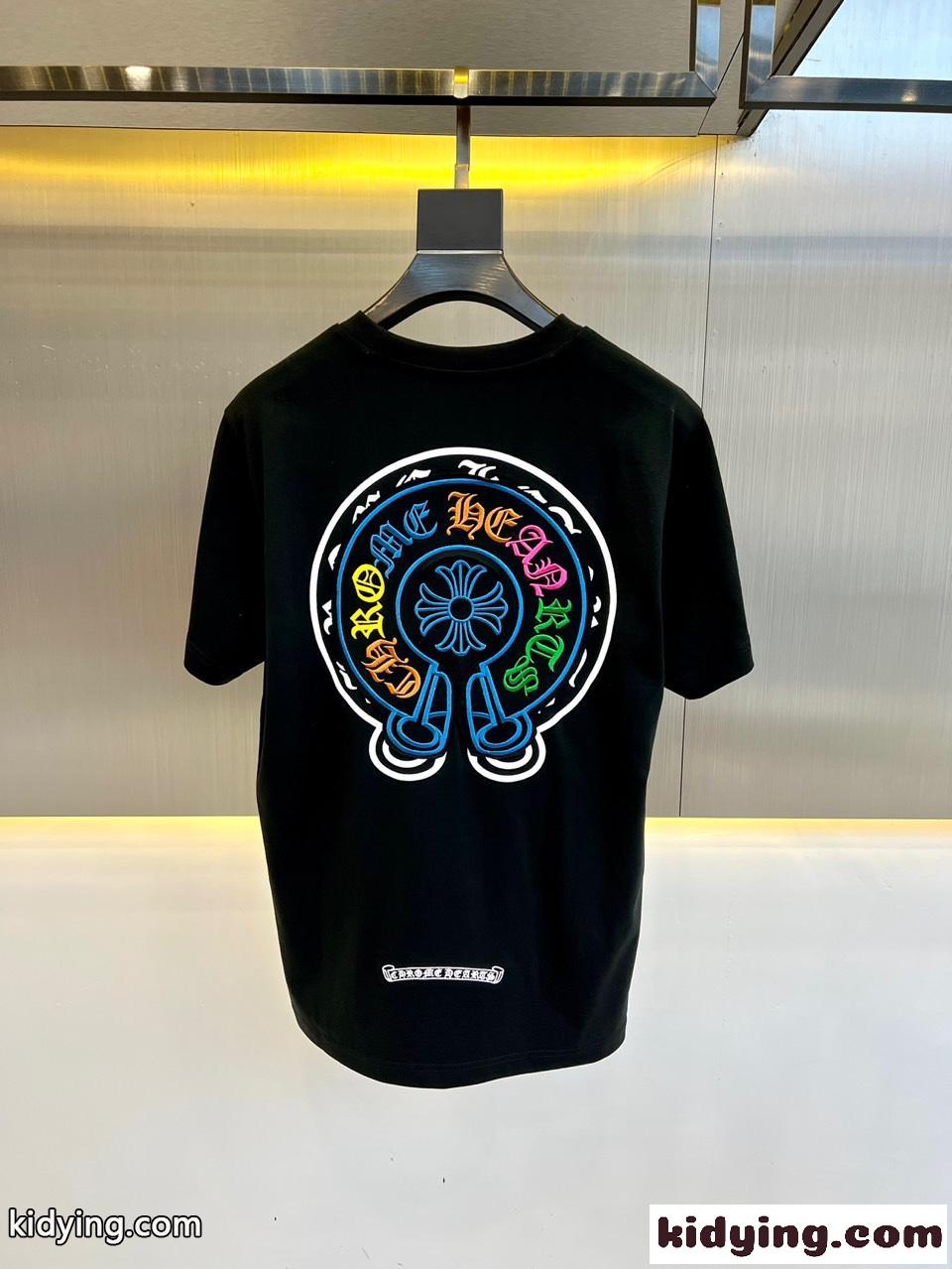 マルチカラー刺繍入り クロムハーツ 半袖Tシャツ コピー クルーネック ブラック-4