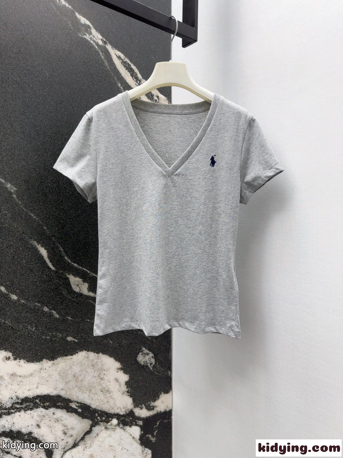 シンプル ロゴ刺繍 Vネック 半袖Tシャツ ラルフローレン Tシャツ コピー グレー-2