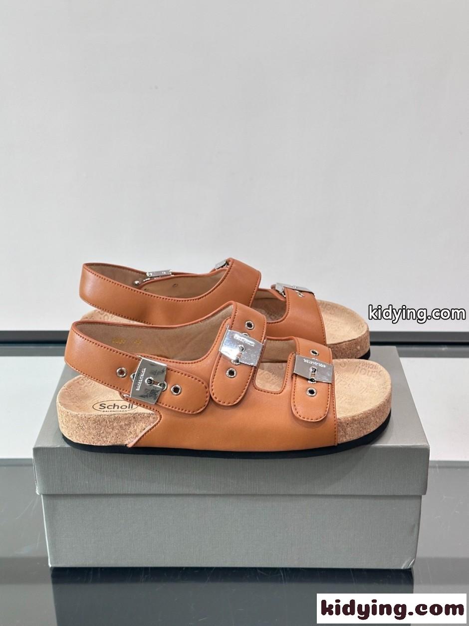 バレンシアガ x Scholl レザー サンダル スーパーコピー 人気 ブラウン-0