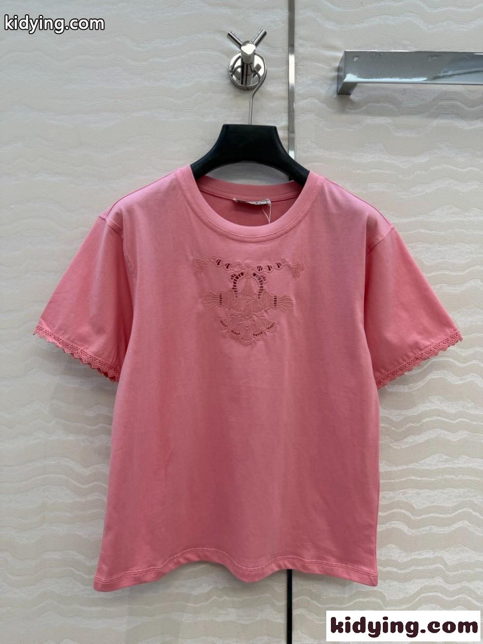 刺繍入り コットン 半袖Tシャツ エルメス Tシャツ コピー クルーネック ピンク-0