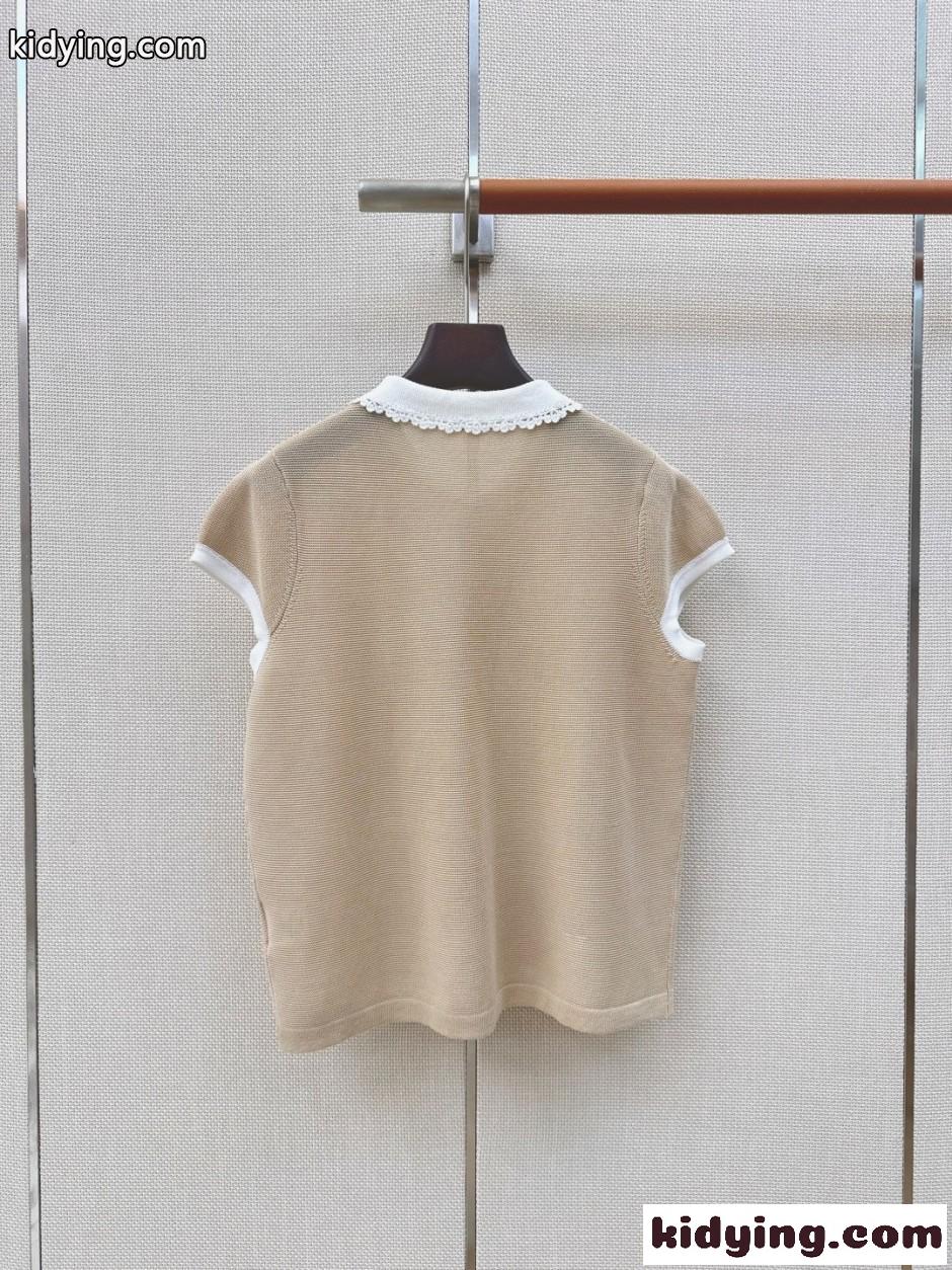 レースカラー バイカラー ニットポロシャツ ミュウミュウ Tシャツ 偽物 ベージュ-3