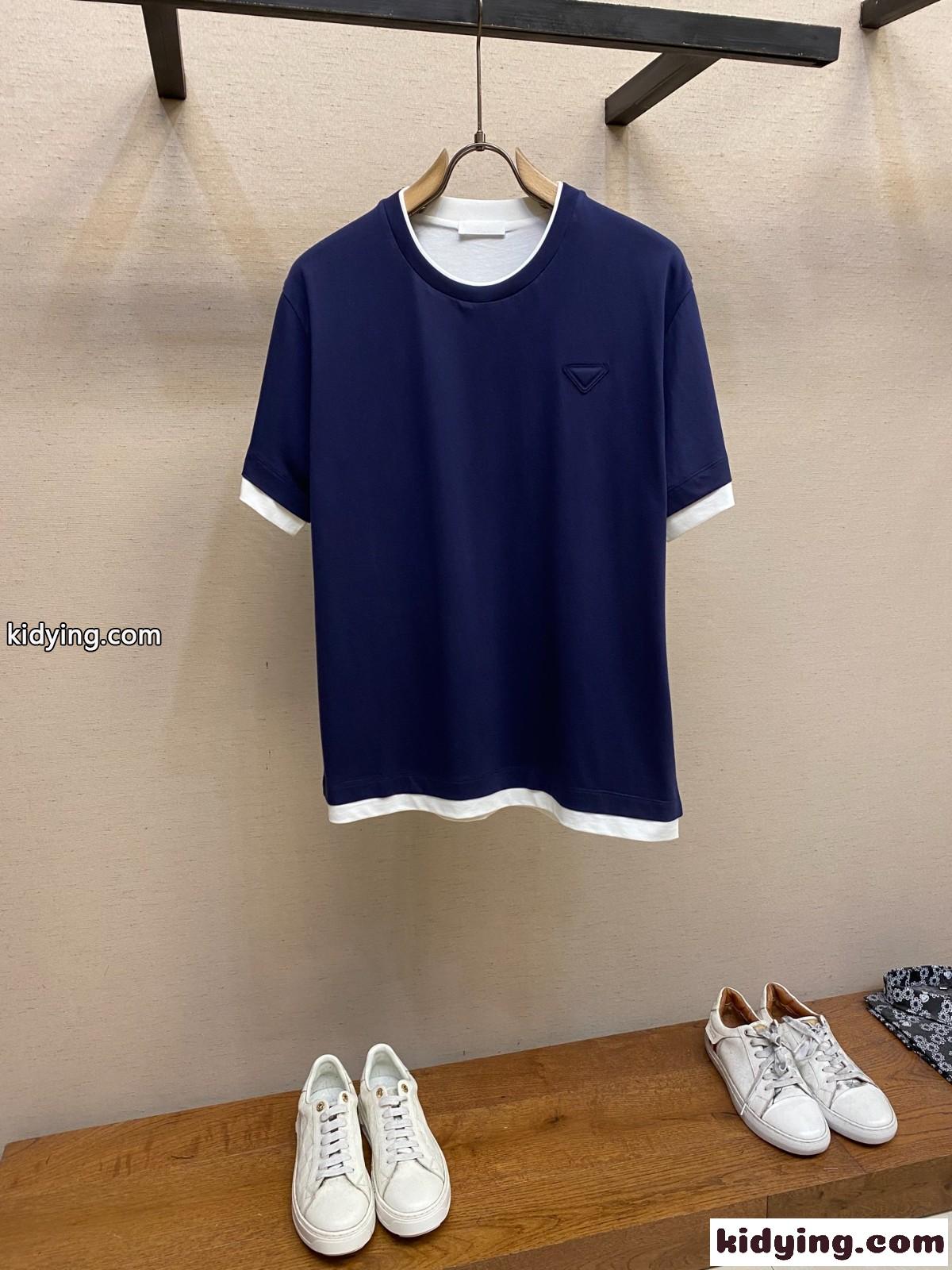 おしゃれ コットン 半袖Tシャツ プラダ Tシャツ コピー ユニセックス ブルー-0