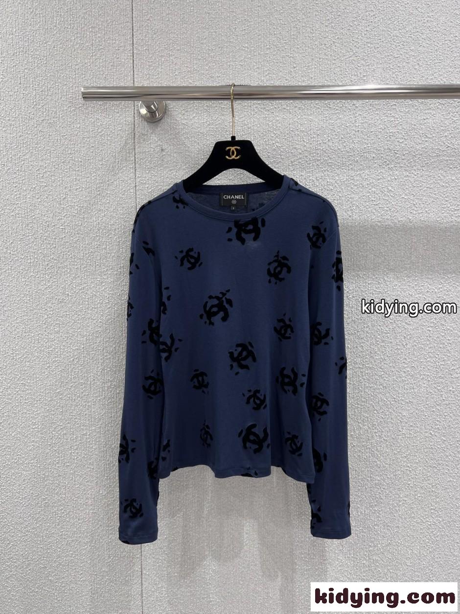 シンプル CCロゴ 長袖Tシャツ シャネル Tシャツ コピー クルーネック ネイビー-1