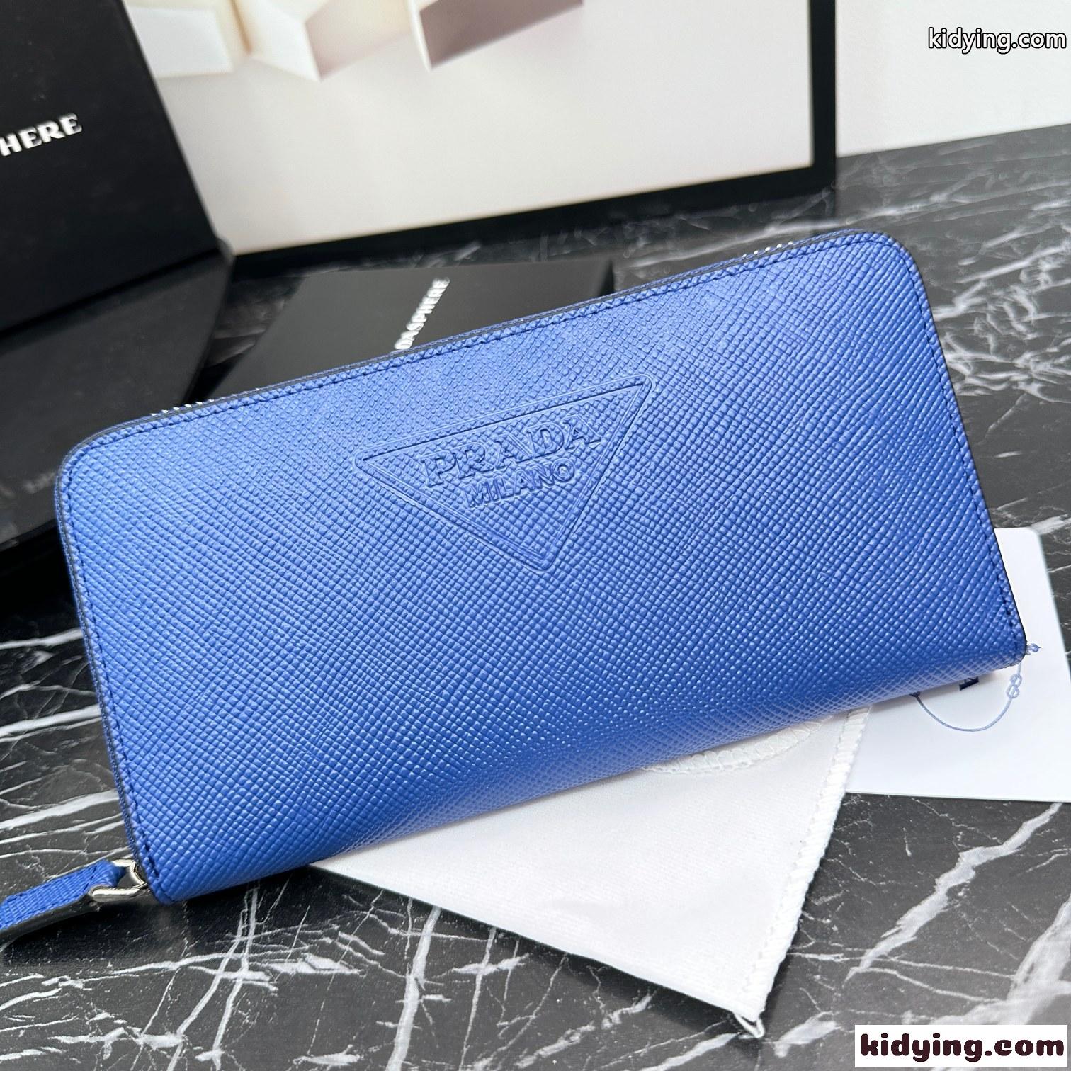 定番 エンボスロゴ プラダ 財布 コピー ラウンドファスナー 長財布 ブルー-2