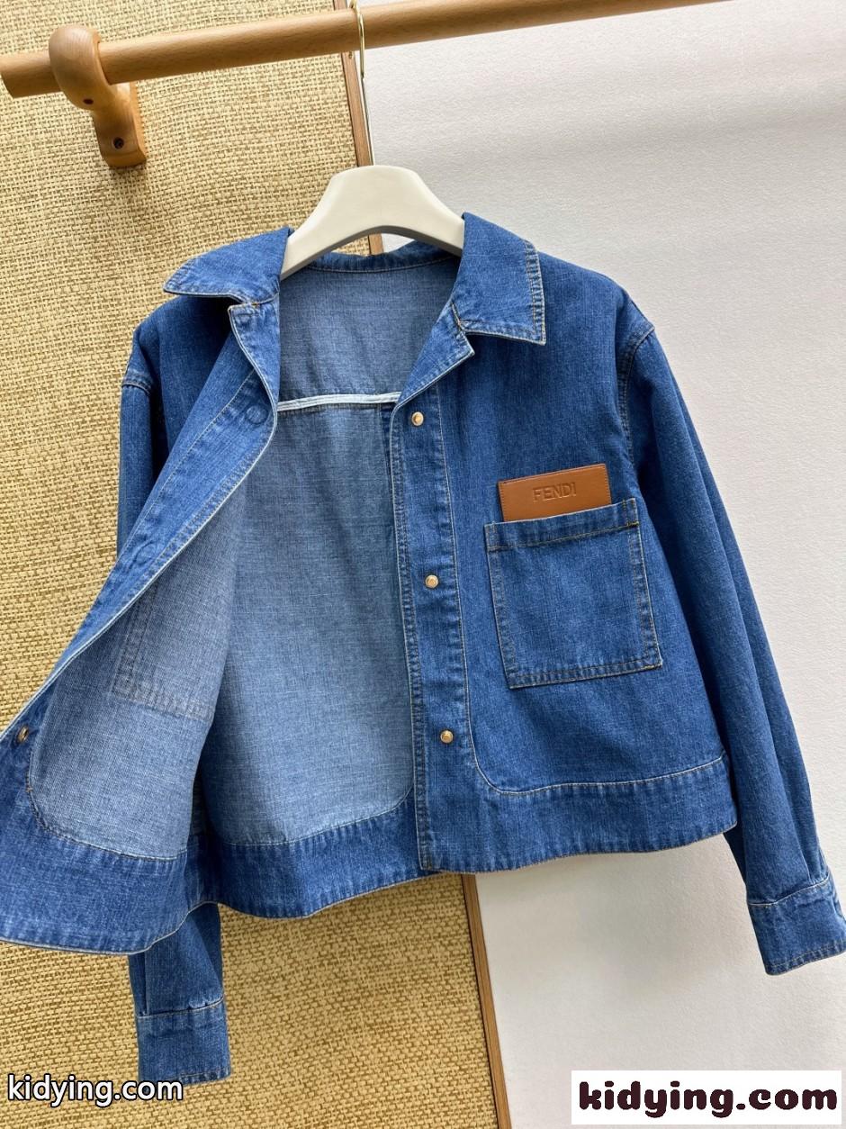 レザーパッチ クロップド デニムジャケット フェンディ ジャケット 偽物 ブルゾン-3