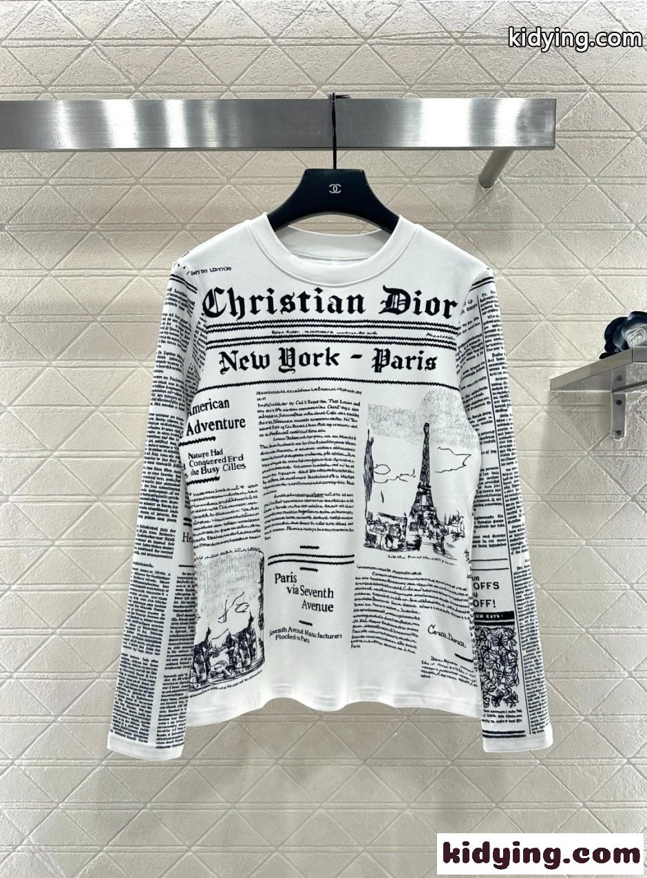 目を引く Newspaper クルーネック プルオーバー クリスチャン・ディオール Tシャツ 偽物 ホワイト-1