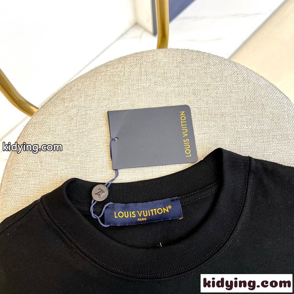 目を引く ロゴプリント クルーネック ルイ・ヴィトン Tシャツ 偽物 コットン ブラック-2