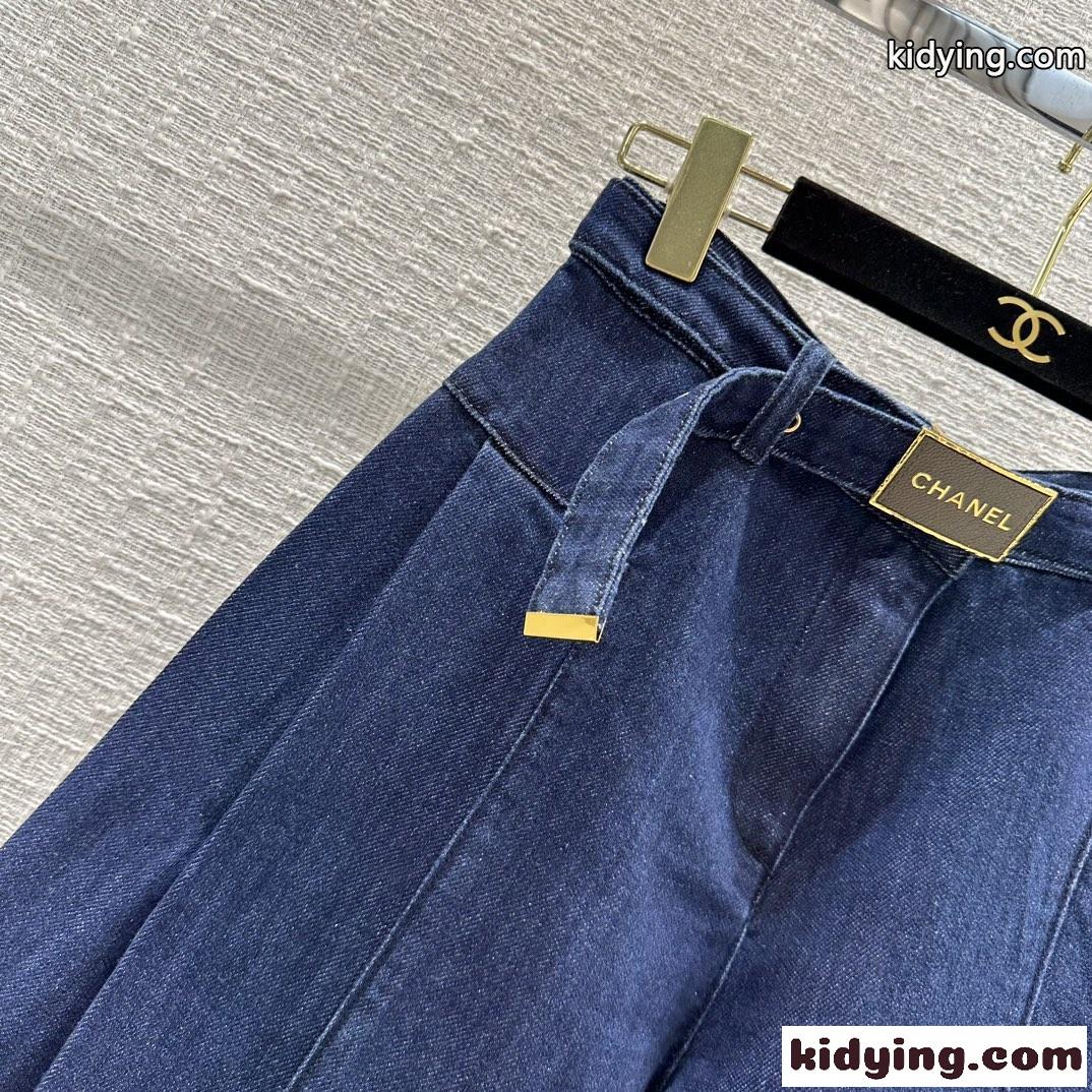 体型カバー ワイドストレート レディース デニムパンツ シャネル ジーンズ コピー ブルー-2