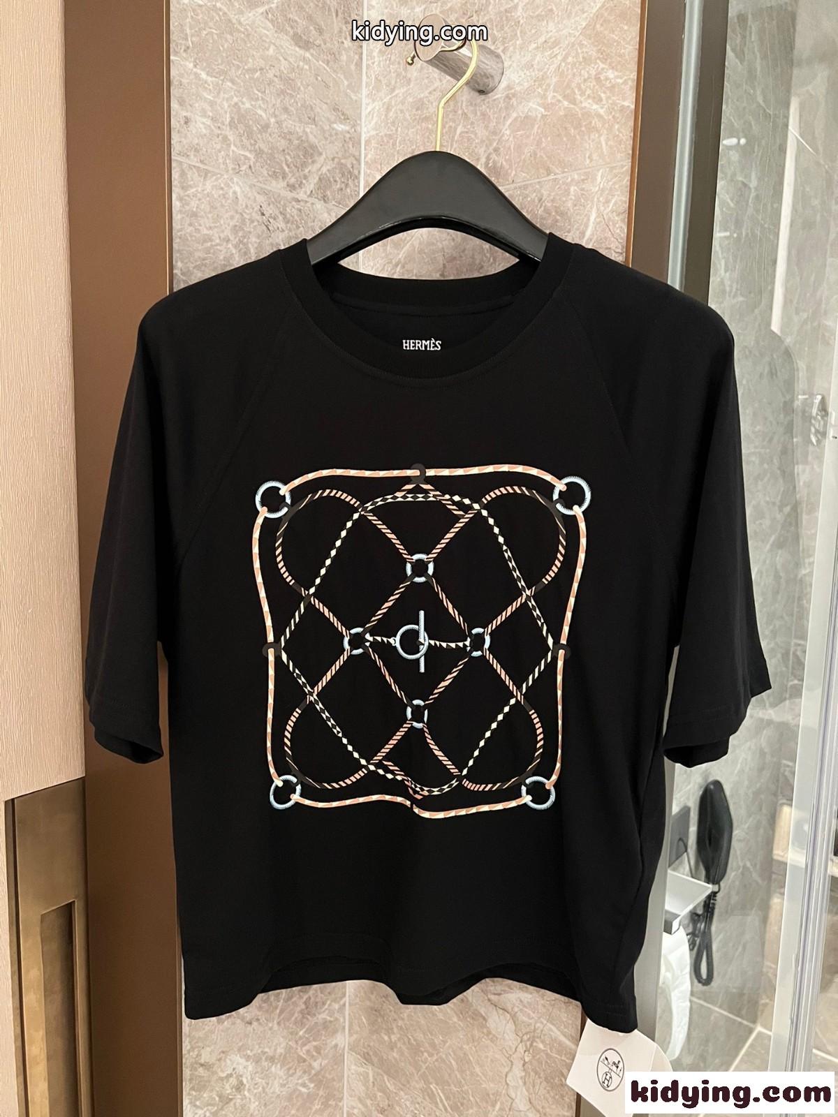 プリント コットン 半袖Tシャツ エルメス Tシャツ コピー ブラック-1