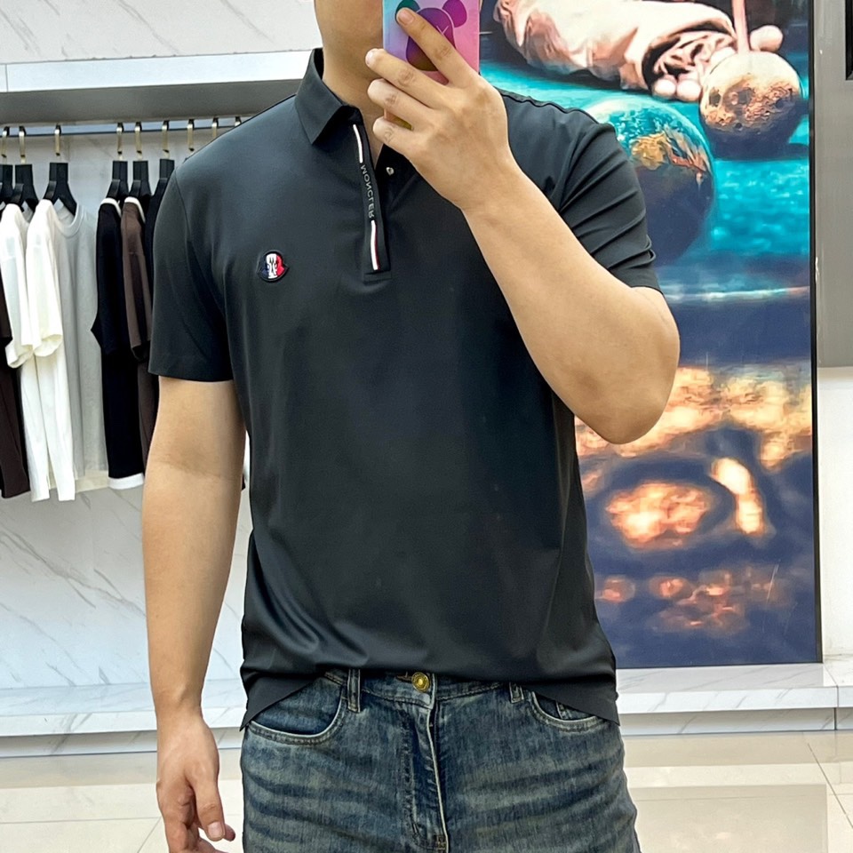 モンクレール Tシャツ 偽物 洗練された コットンピケ ポロシャツ ブラック-1