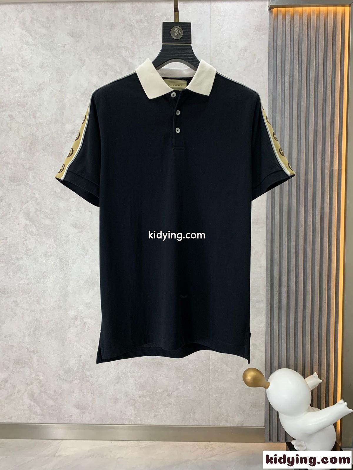 インターロッキングG ストライプ付き コットン ポロシャツ グッチ Tシャツ コピー メンズ ブラック-1