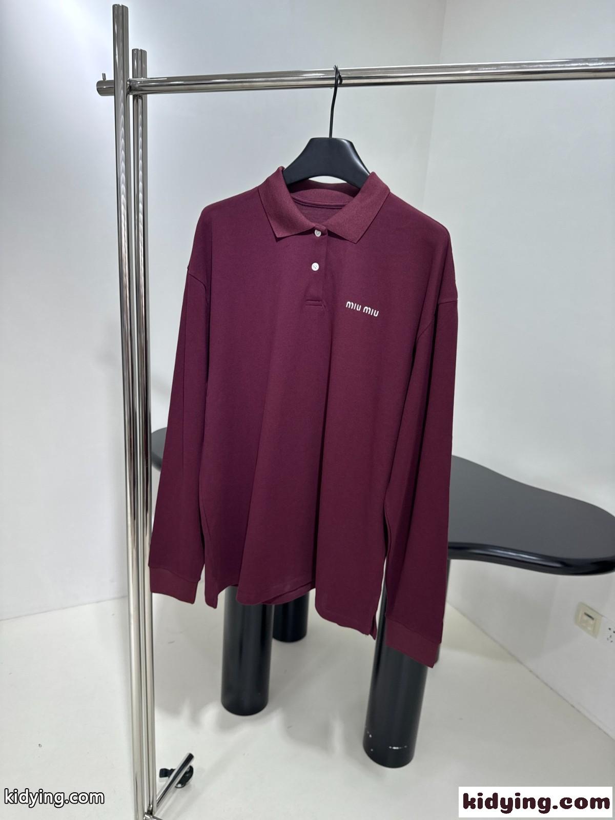 コットンピケ ポロシャツ ミュウミュウ Tシャツ コピー ロングスリーブ ワイン-0