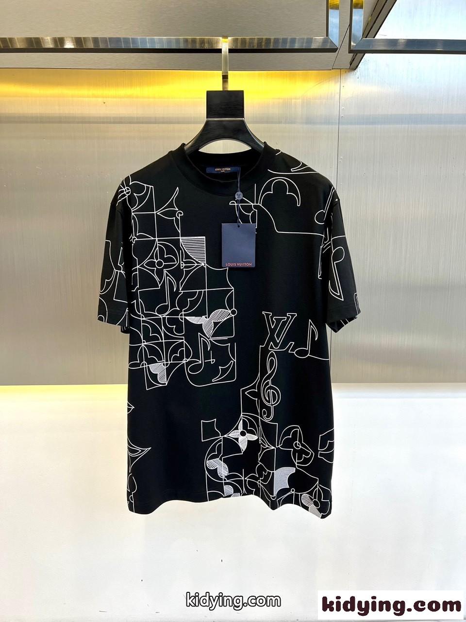 合わせやすい プリント クルーネック Tシャツ ルイ・ヴィトン 半袖Tシャツ コピー ブラック-0