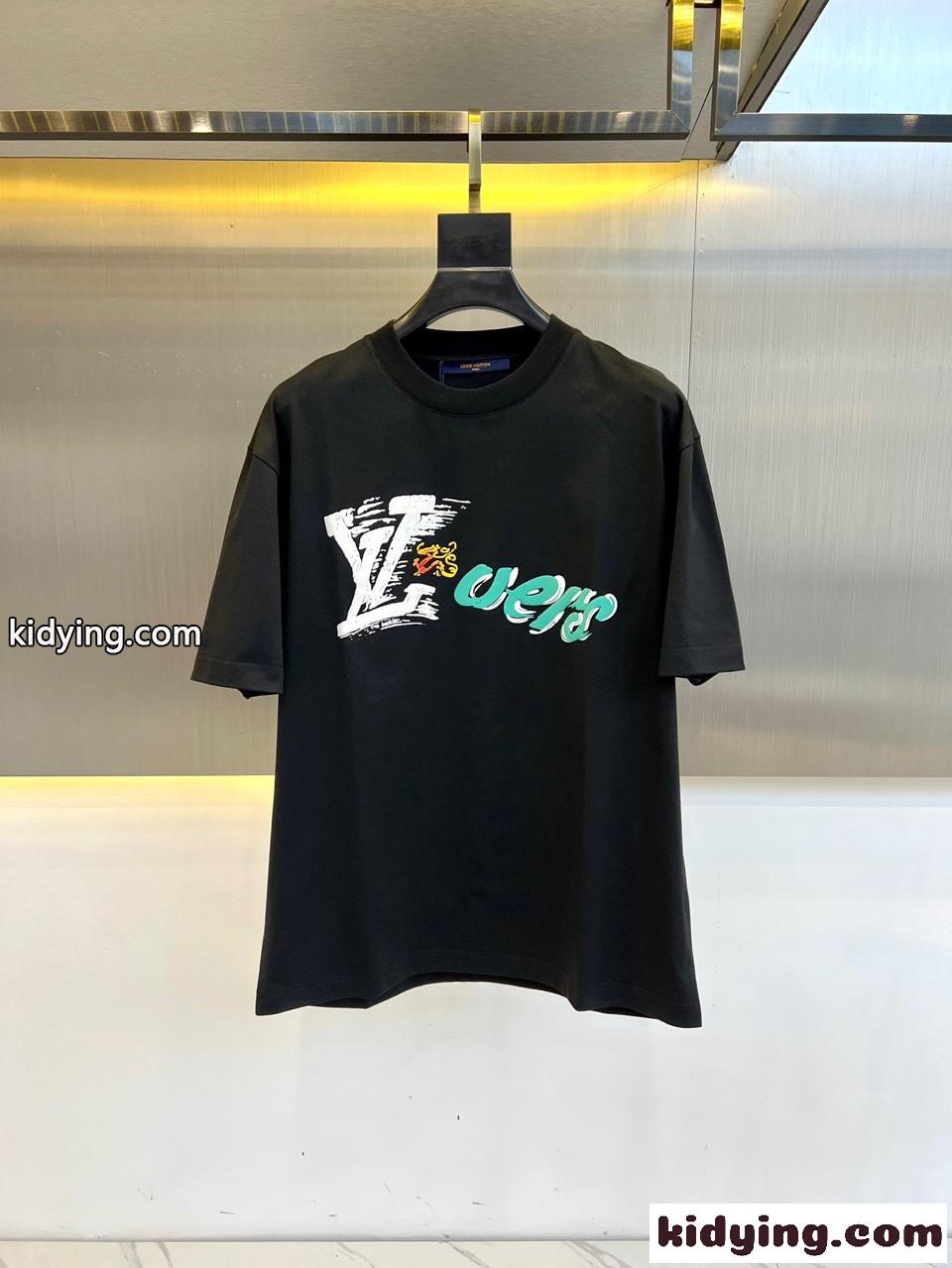 カジュアル ロゴ クルーネック コットン 半袖Tシャツ ルイ・ヴィトン Tシャツ コピー ブラック-0