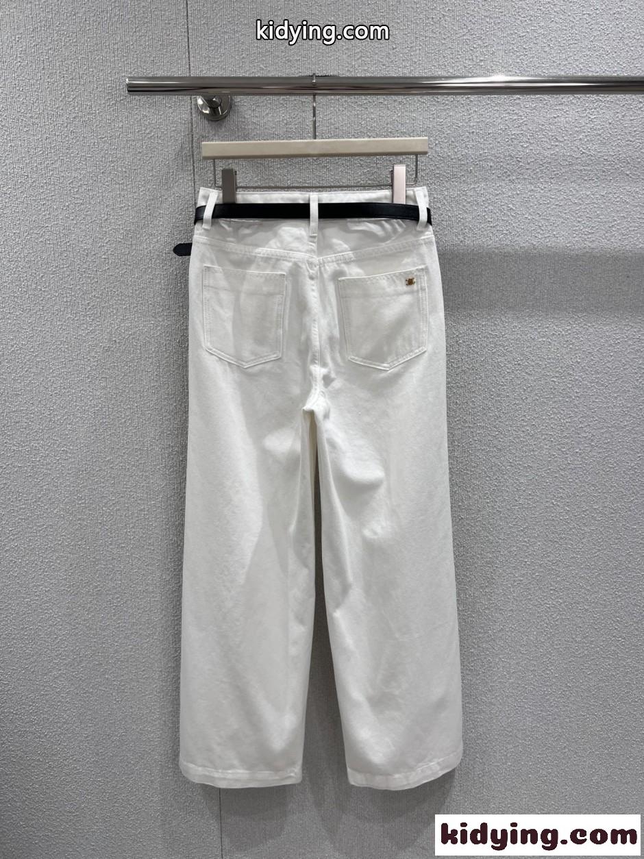 トリオンフベルト付き ワイドデニムパンツ セリーヌ ジーンズ 偽物 ホワイト-2