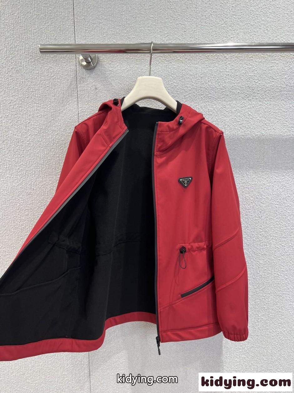 シンプル カジュアル フーデッドジャケット プラダ ジャケット コピー レッド-1