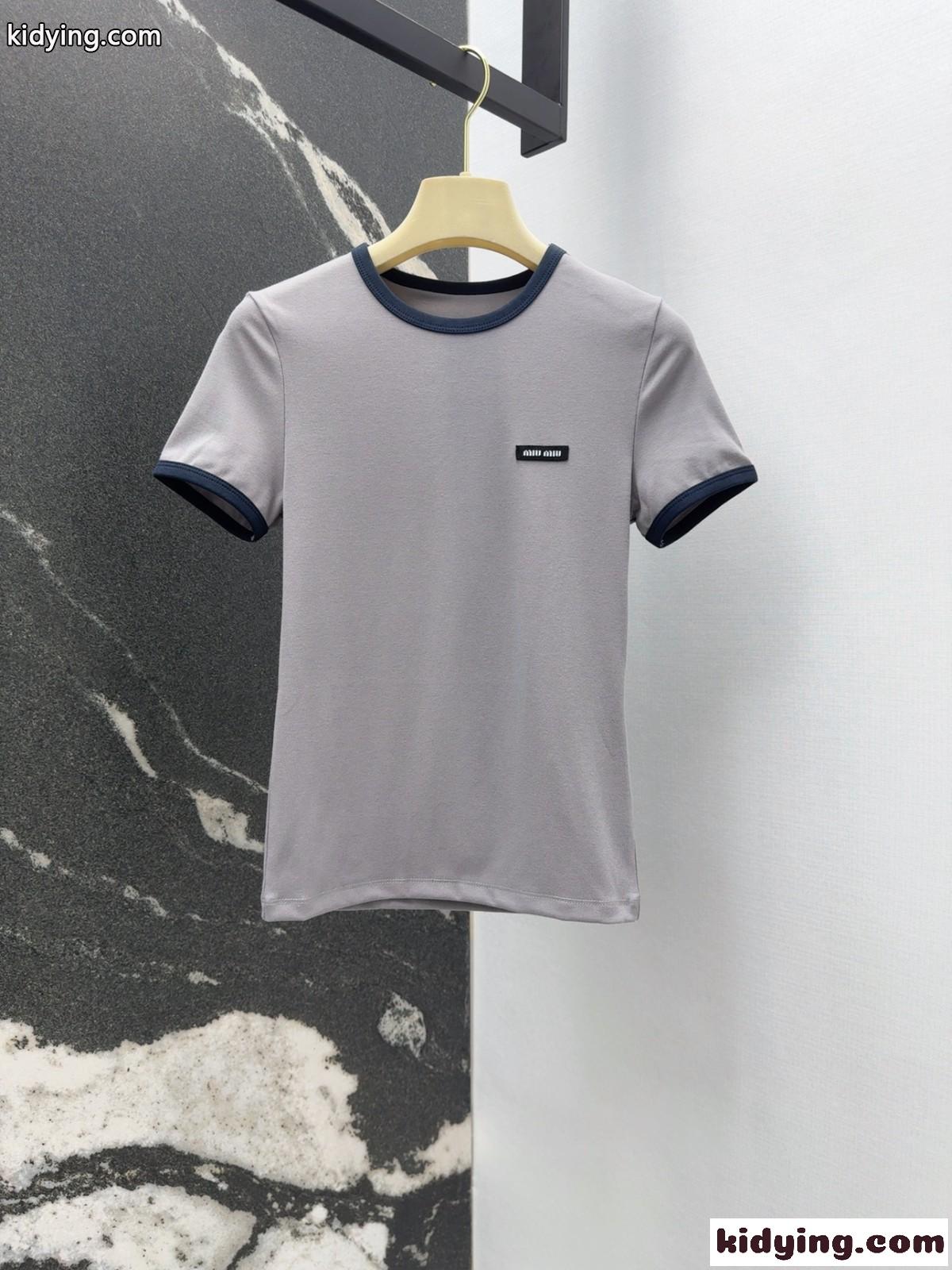 カジュアル おしゃれ コットン 半袖Tシャツ ミュウミュウ Tシャツ コピー グレー-1