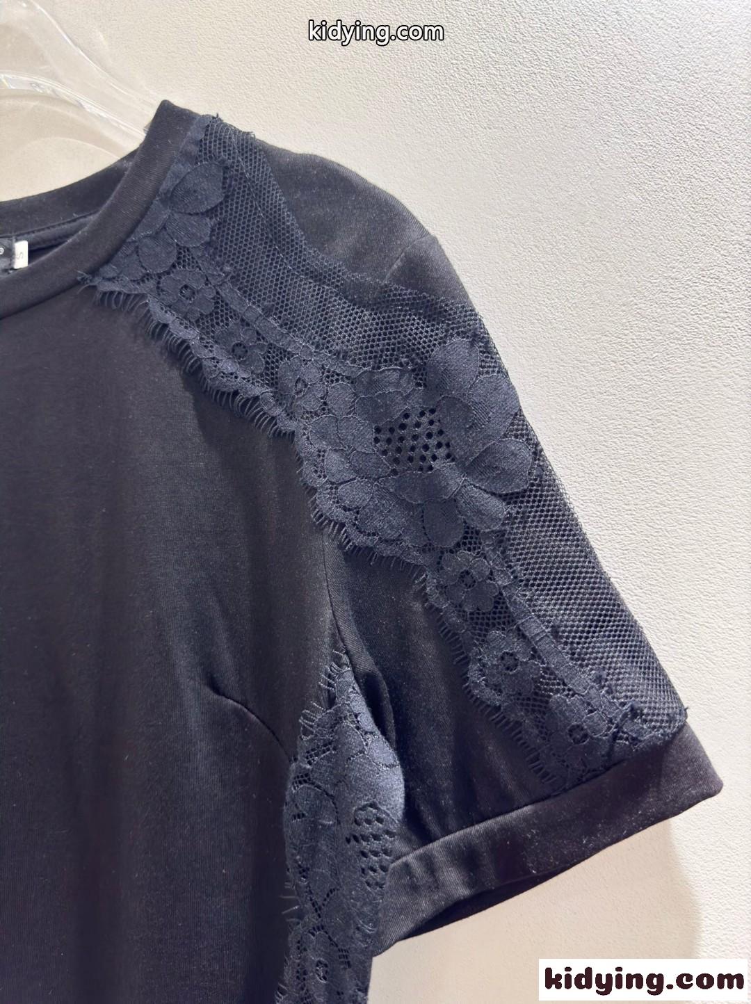 レースインサート&DGロゴ コットンTシャツ ドルチェ&ガッバーナ 半袖Tシャツ 偽物 ブラック-4