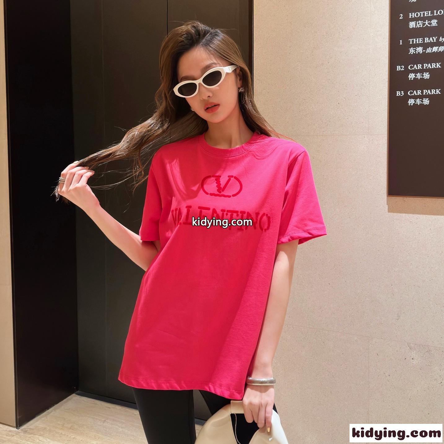 シンプル ロゴ コットン 半袖Tシャツ ヴァレンティノ Tシャツ スーパーコピー ピンク-0
