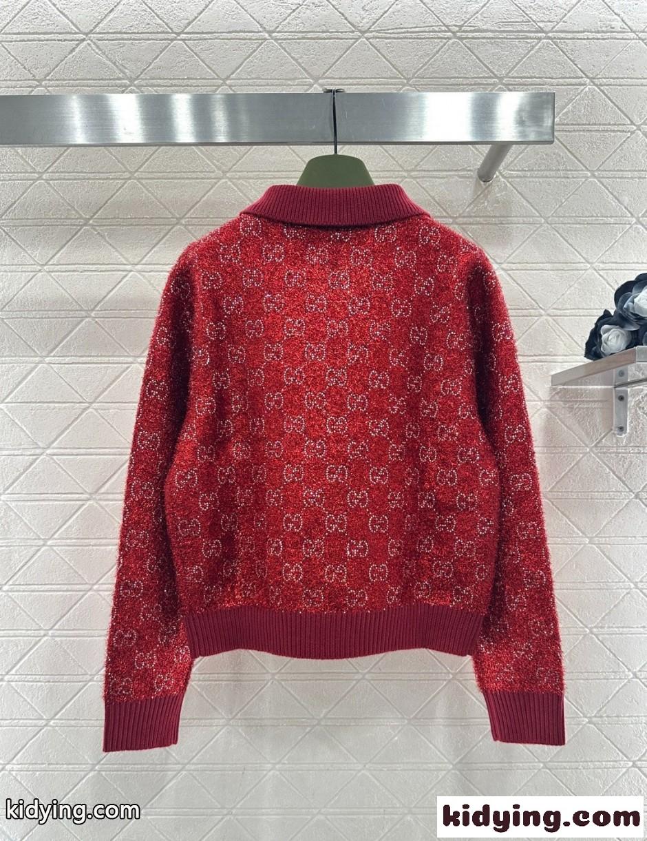 GG ラインストーン ニットポロ グッチ セーター 偽物 レッド-1