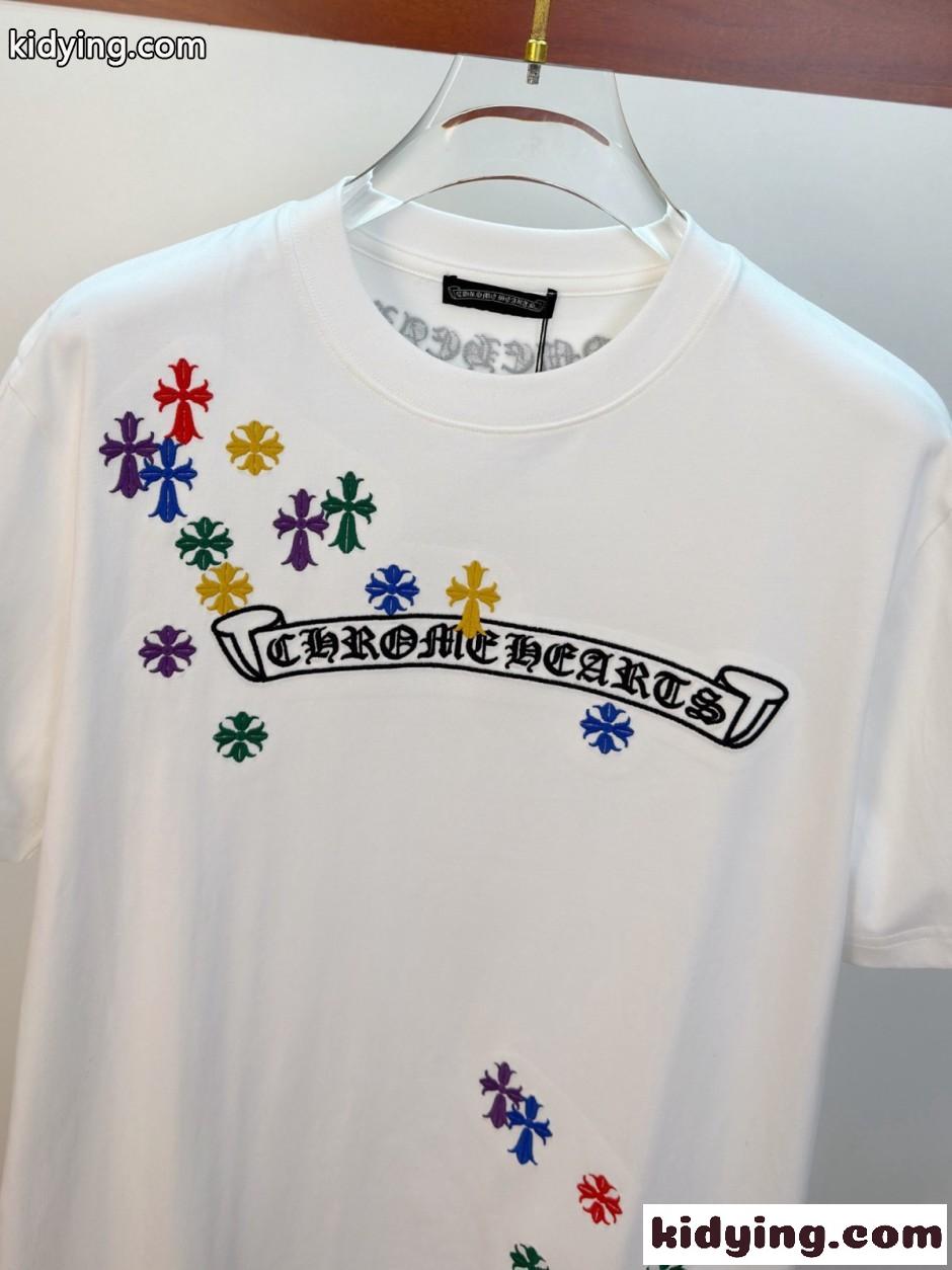 ロゴ刺繍 クルーネック 半袖Tシャツ クロムハーツ Tシャツ 偽物 コットン ホワイト-1