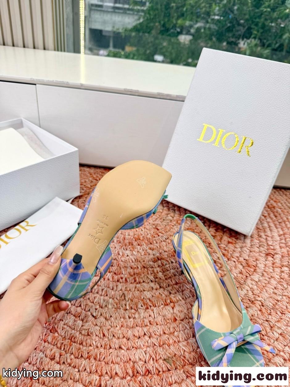 チェック柄 Dior Bow ヒール スリングバックサンダル クリスチャン・ディオール コピー-3