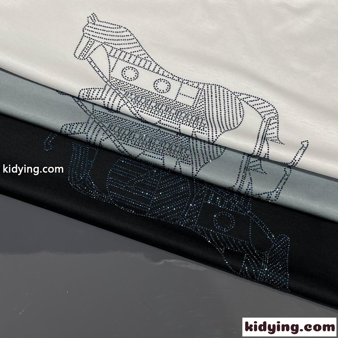 カジュアル 薄手 ラインストーン クルーネック エルメス 半袖tシャツ コピー シルケット コットン トップス-5