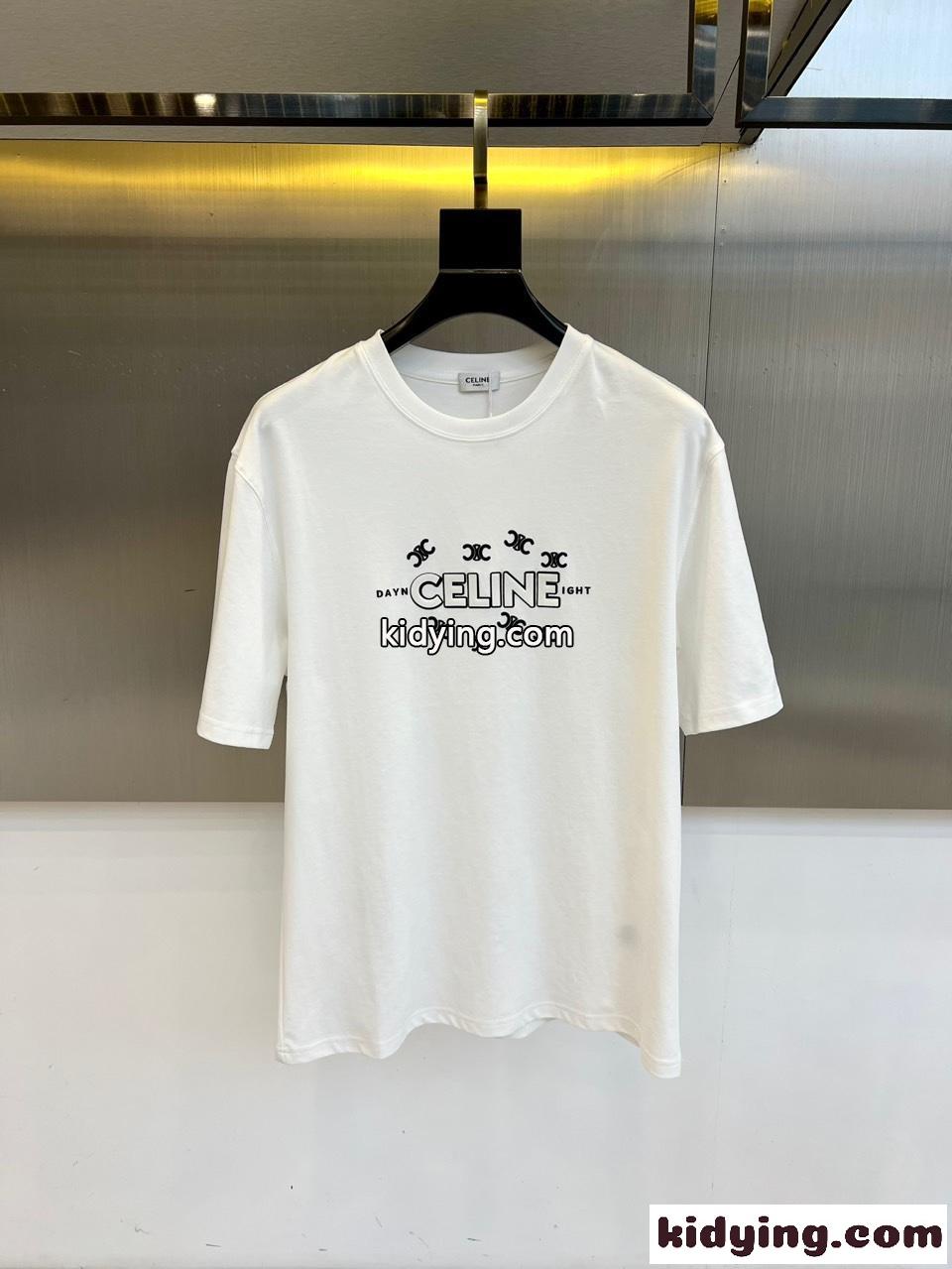 シンプル 上品 ロゴ入り クルーネック セリーヌ Tシャツ 偽物 コットン ホワイト-0