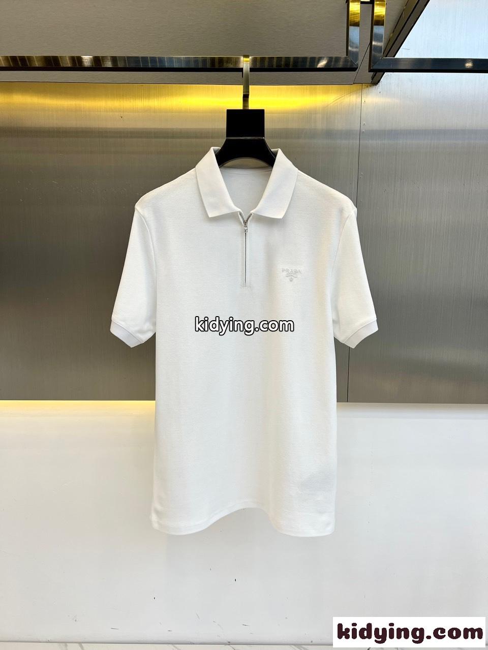 ハーフジップ 半袖 ポロシャツ プラダ Tシャツ コピー シルケットコットン ホワイト-0