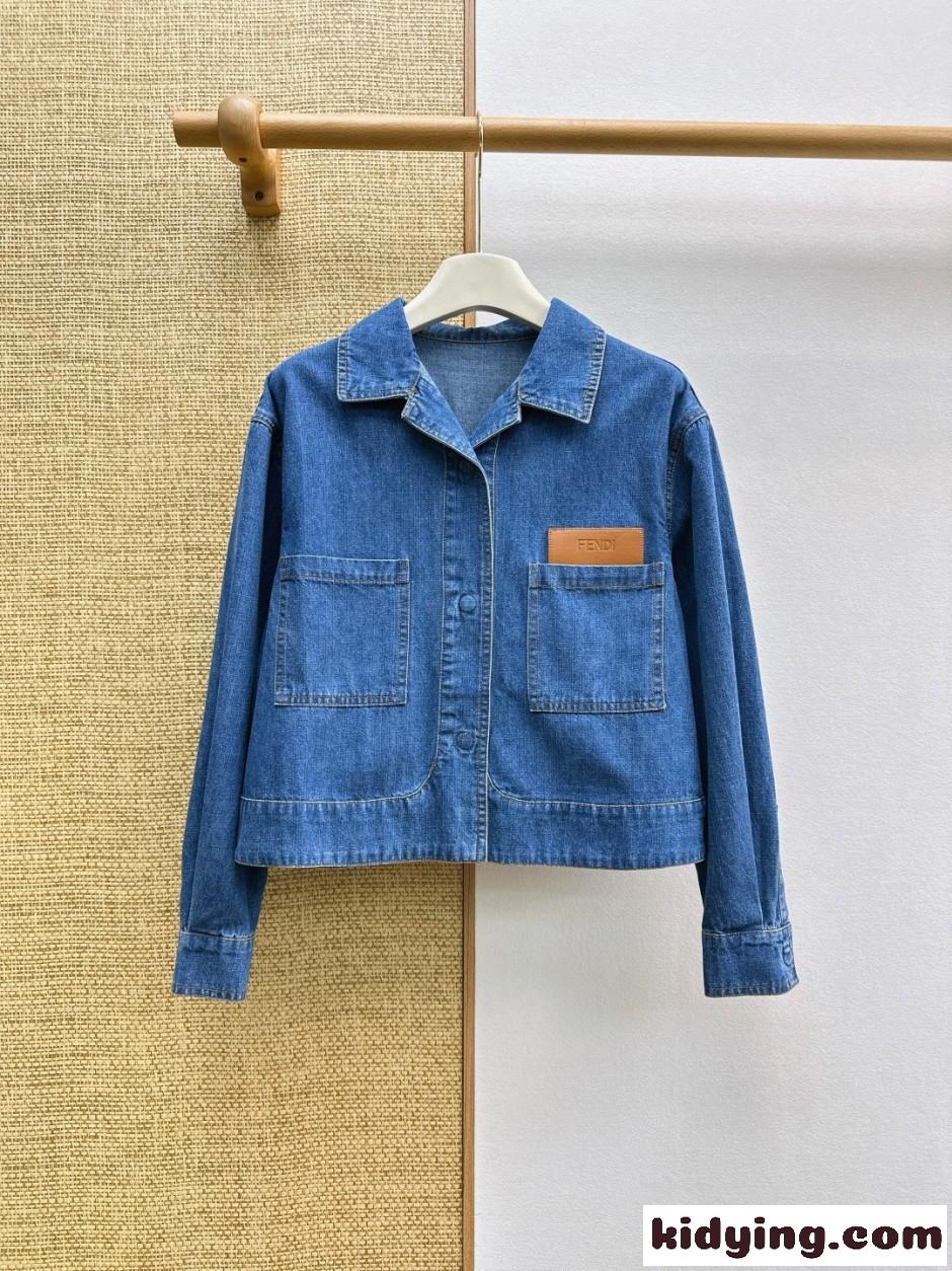 レザーパッチ クロップド デニムジャケット フェンディ ジャケット 偽物 ブルゾン-0