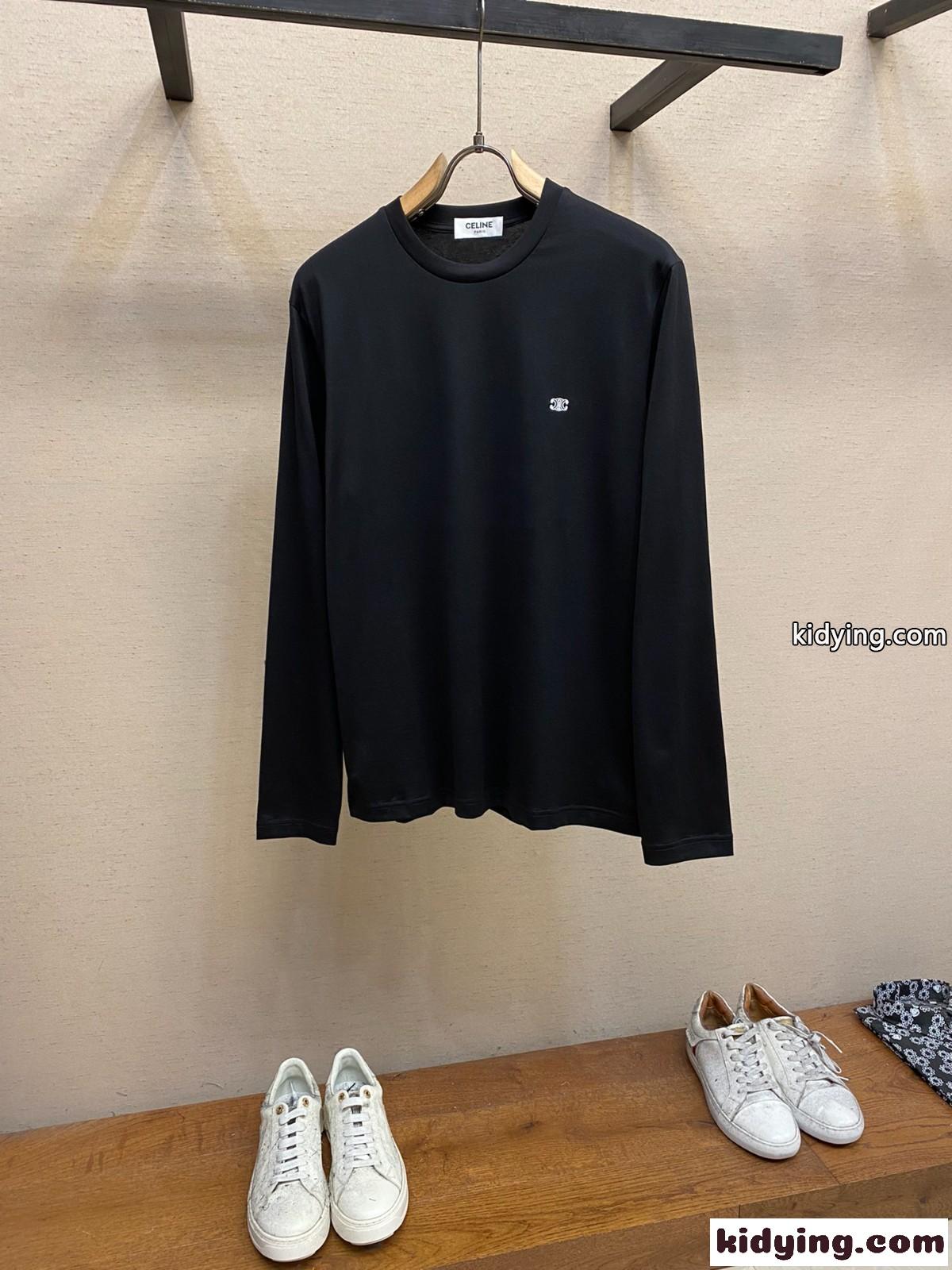 ベーシック ロゴ クルーネック コットン 長袖Tシャツ セリーヌ Tシャツ コピー ブラック-1
