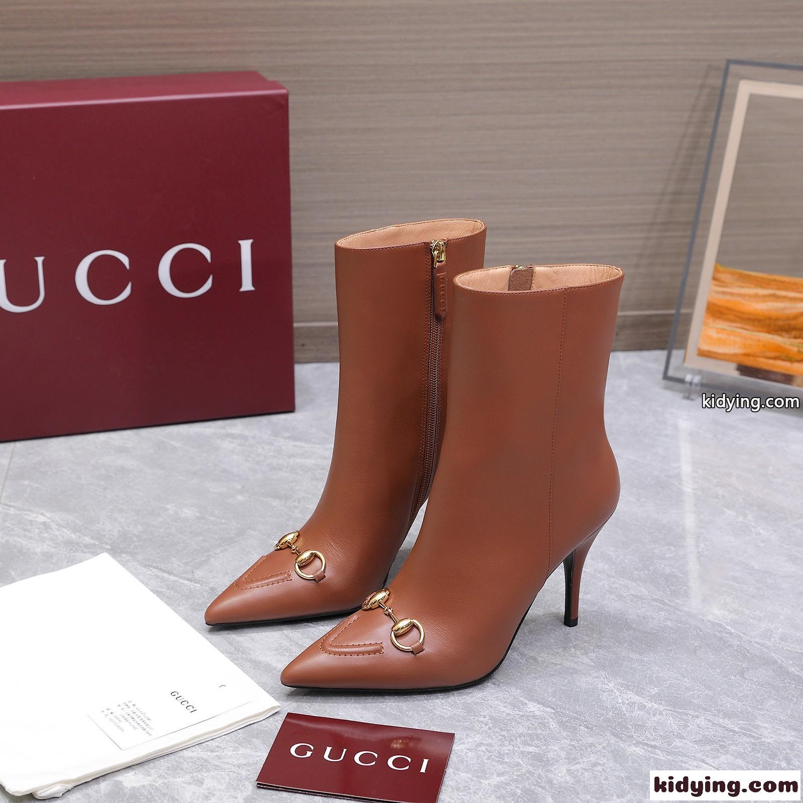 Gucci ホースビット レザー アンクルブーツ グッチ ブーツ コピー ポインテッドトゥ ブラウン-0