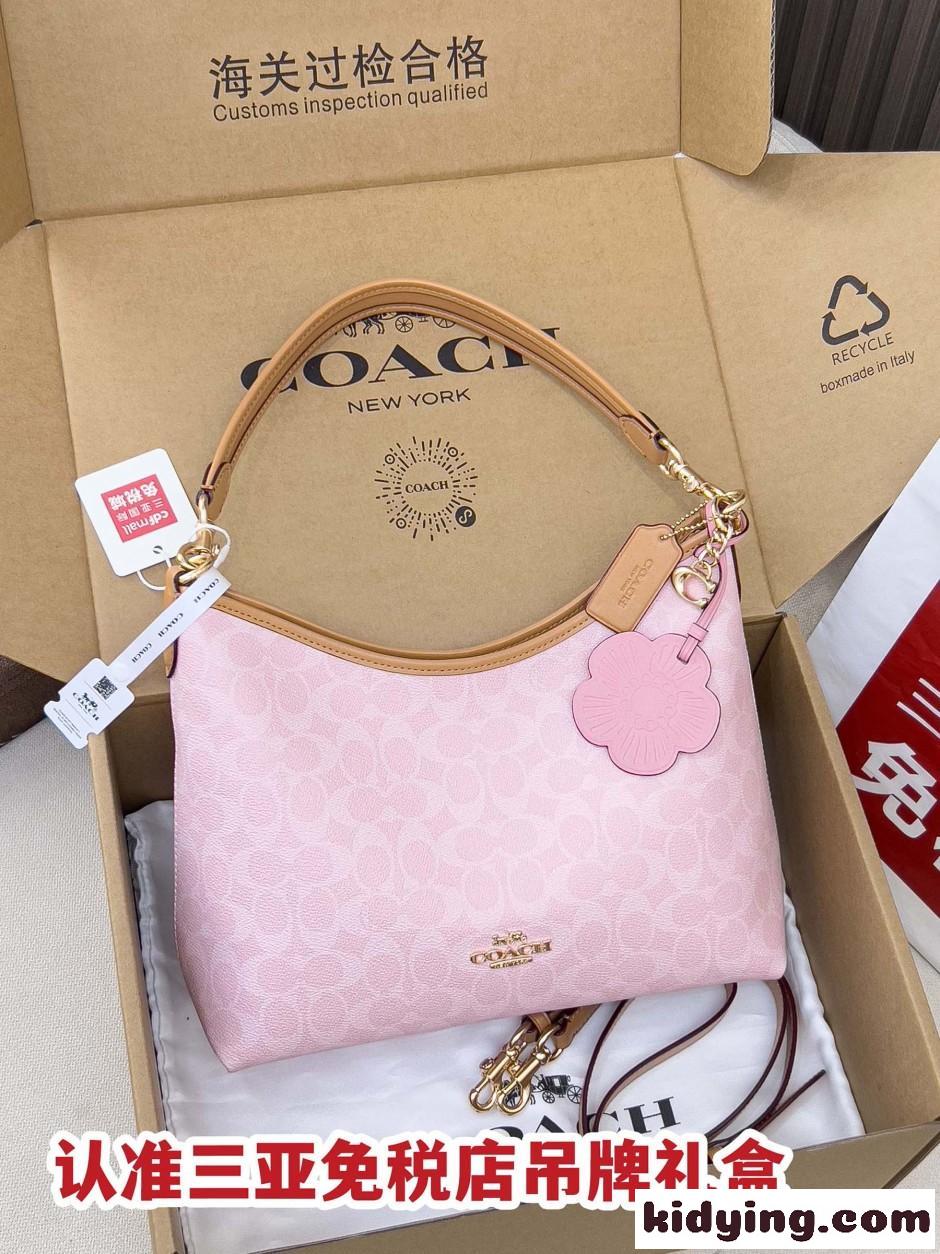 コーチ バッグ 偽物 可愛い フェンミン シグネチャー柄 ホーボーバッグ ピンク-0