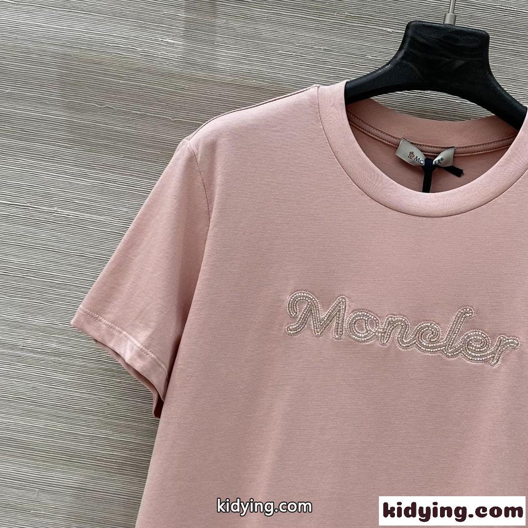 シンプル ロゴ入り コットン 半袖Tシャツ モンクレール Tシャツ コピー ピンク-1