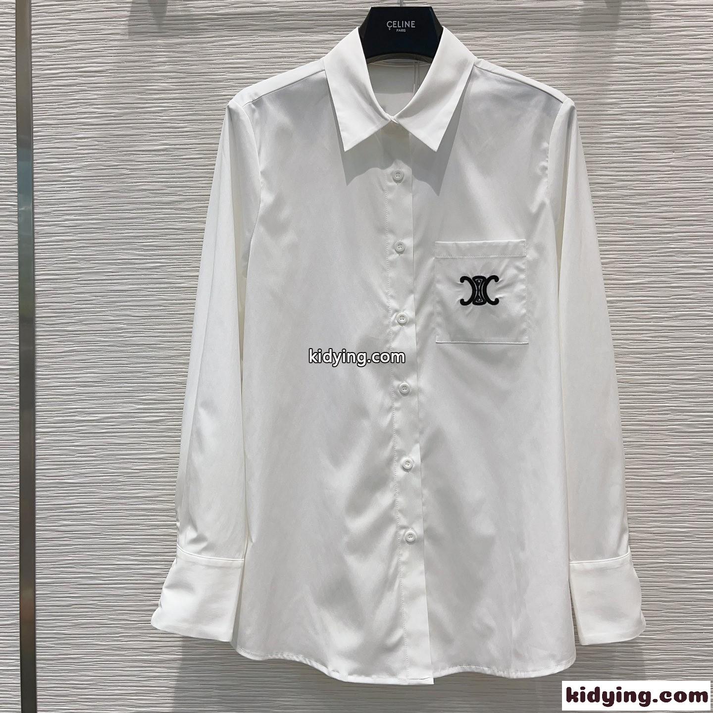シンプル トリオンフ 刺繍 ロゴ ロングスリーブシャツ セリーヌ シャツ コピー ホワイト-1