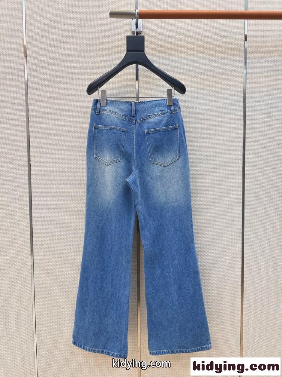 ウォッシュド ワイド フレア デニムパンツ シャネル ジーンズ 偽物 合わせやすい-4