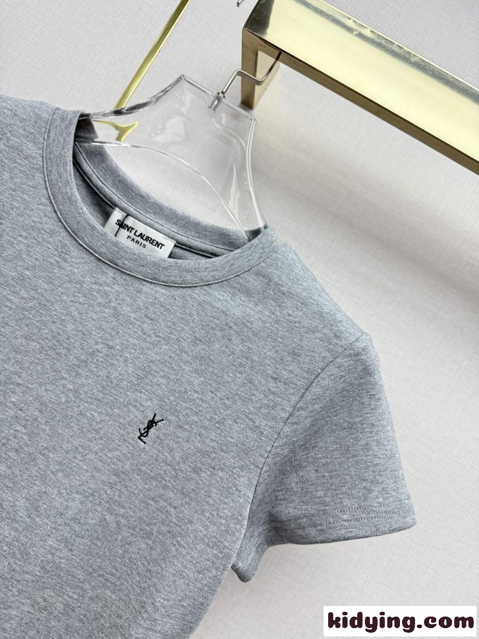 シンプル YSLロゴ 半袖Tシャツ イヴ・サンローラン Tシャツ コピー グレー-2