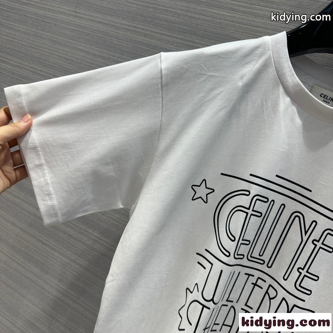 シンプル プリント クルーネック 半袖 コットン セリーヌ Tシャツ コピー ホワイト-1