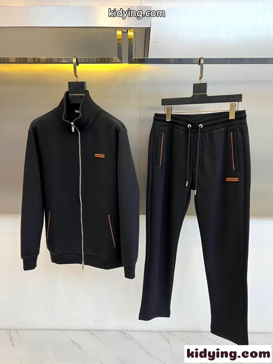 ジップアップジャケット＆パンツ 上下セット エルメネジルド・ゼニア セットアップ 偽物 ブラック-0