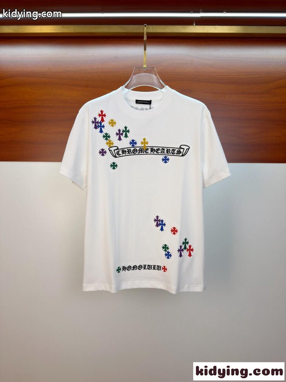 ロゴ刺繍 クルーネック 半袖Tシャツ クロムハーツ Tシャツ 偽物 コットン ホワイト-0