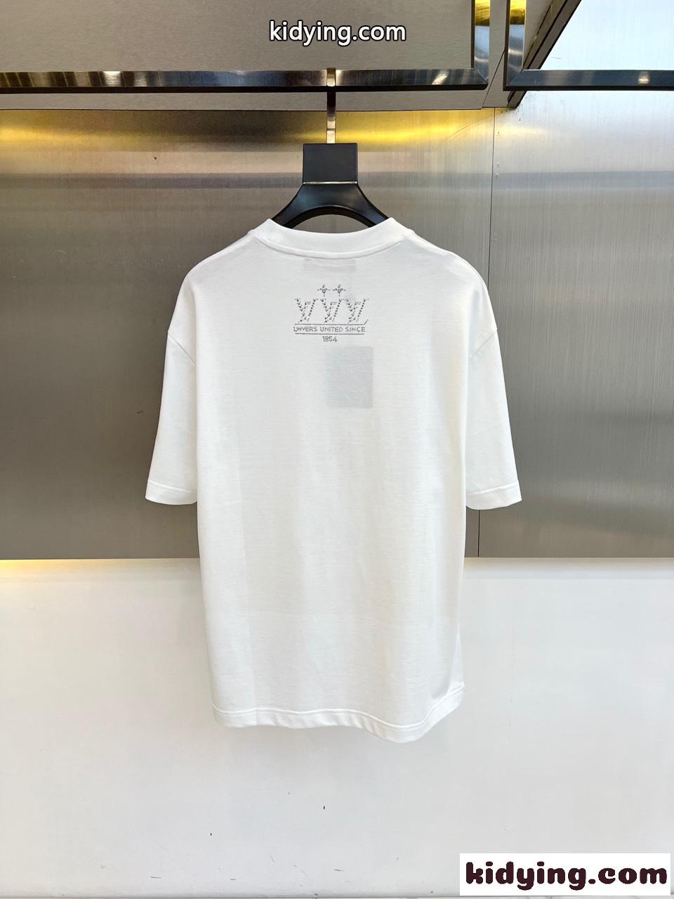 お洒落 プリント クルーネック ルイ・ヴィトン Tシャツ 偽物 ホワイト-4