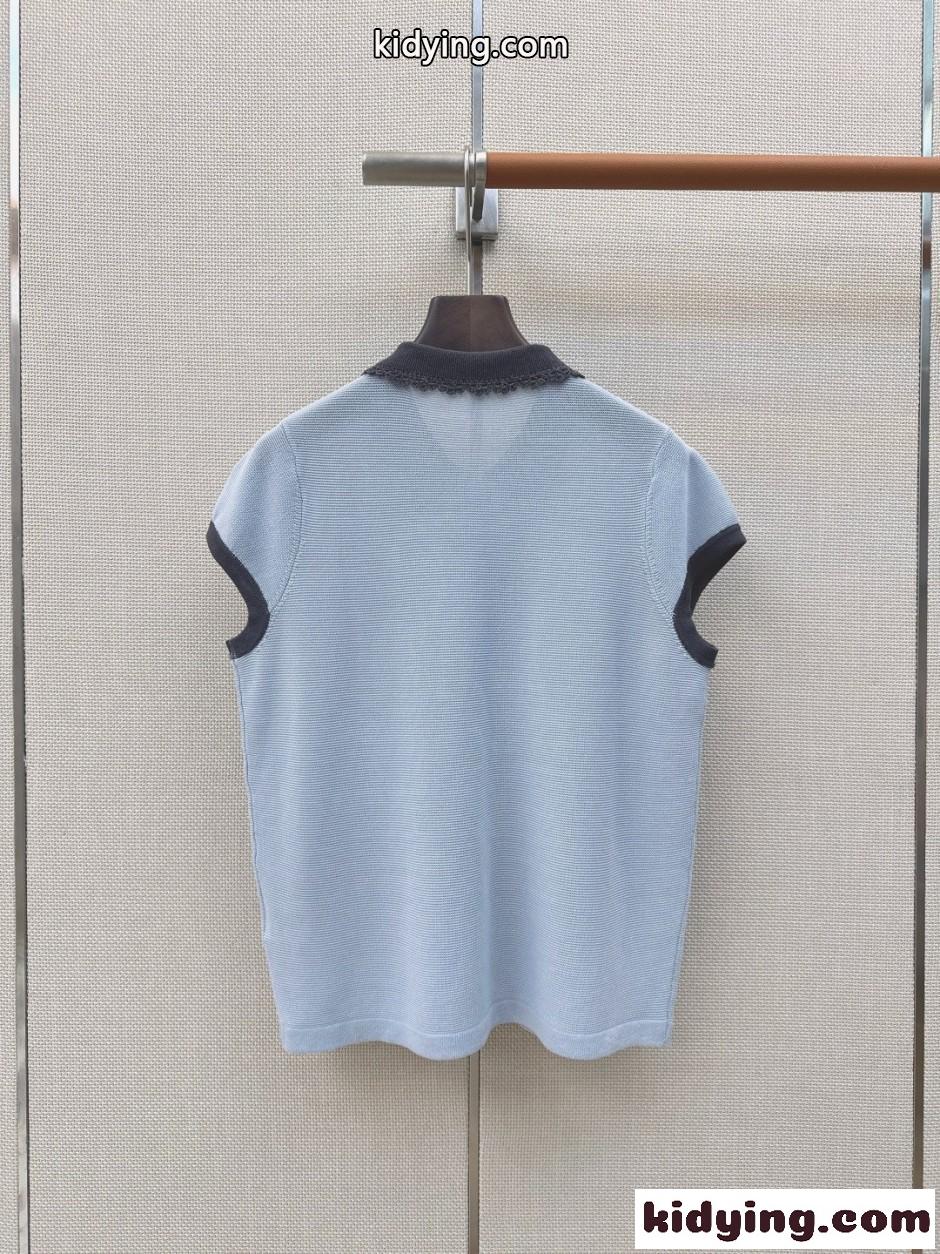 レースカラー バイカラー ニットポロシャツ ミュウミュウ Tシャツ 偽物 ライトブルー-3