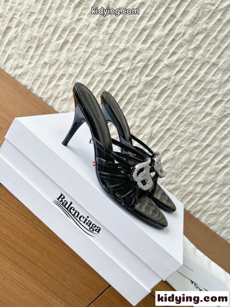 ラインストーンBBロゴ ミュール バレンシアガ サンダル 偽物 ブラック-3