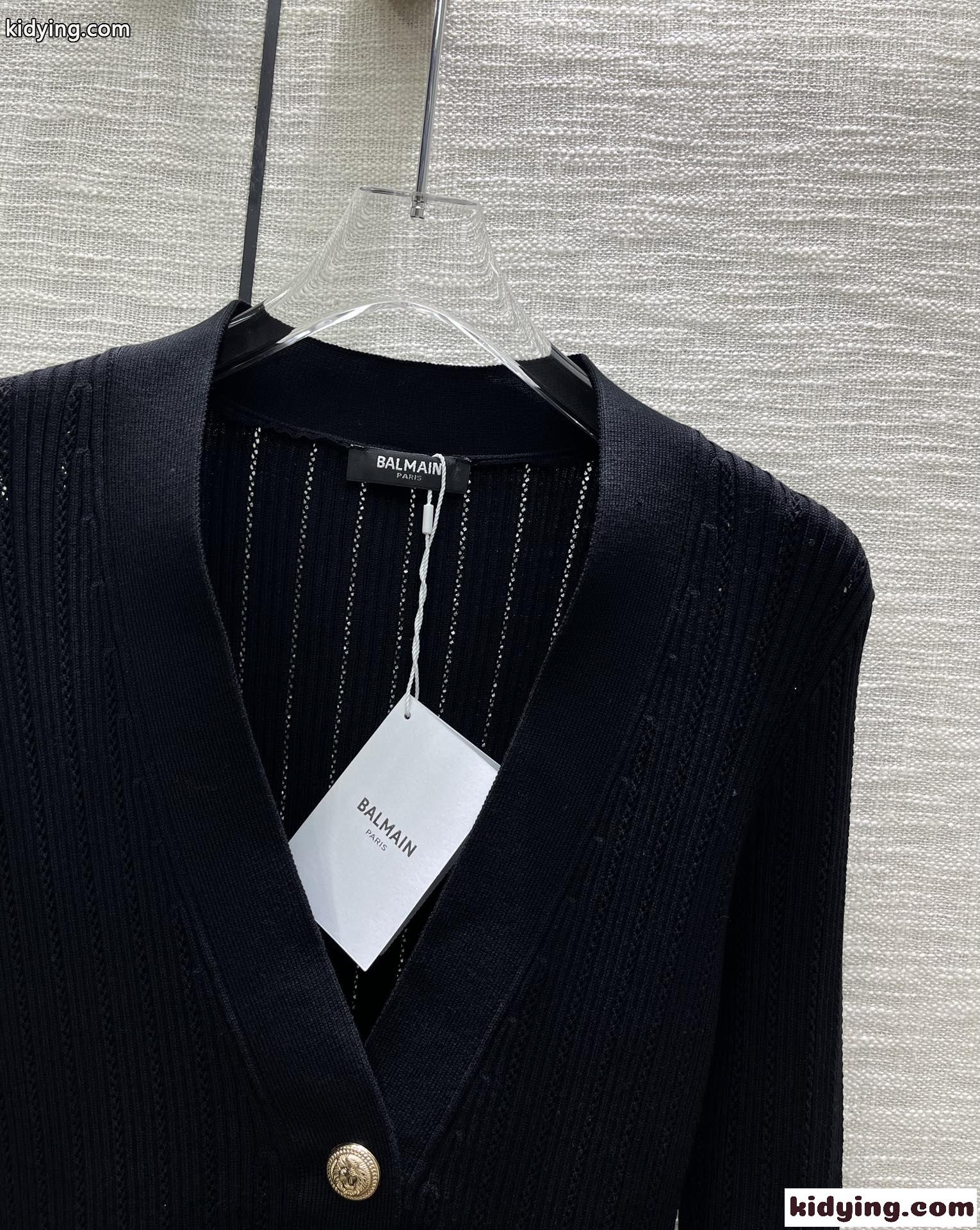 春夏 薄手 クロップド ニットカーディガン バルマン ニット コピー レディース ブラック-2