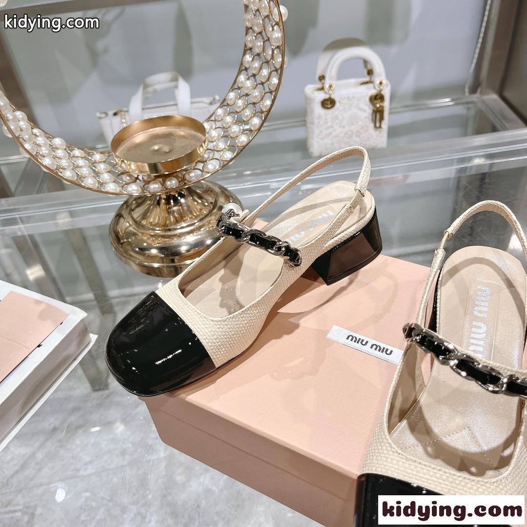パテントレザーxラフィア スリングバック パンプス ミュウミュウ パンプス スーパーコピー-4