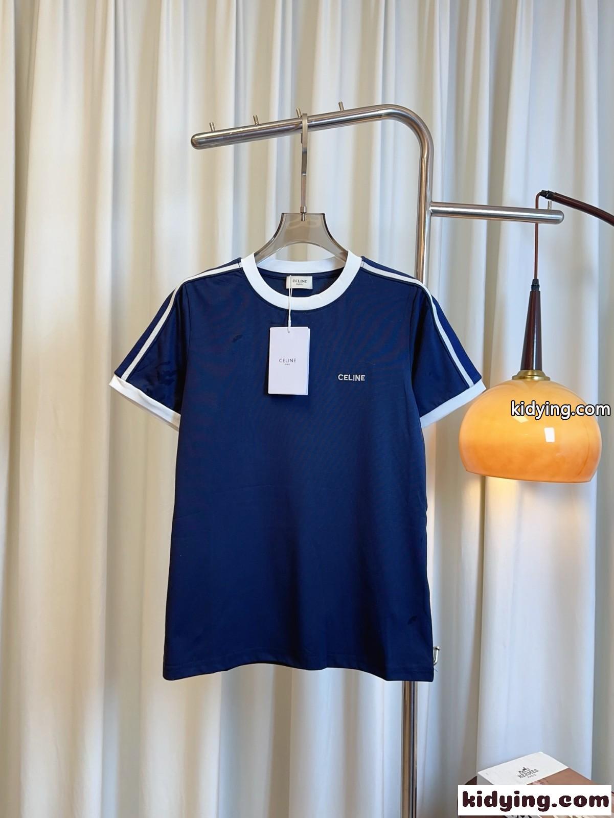 カジュアル セリーヌ Tシャツ コピー クルーネック コットン 半袖Tシャツ ブルー-0