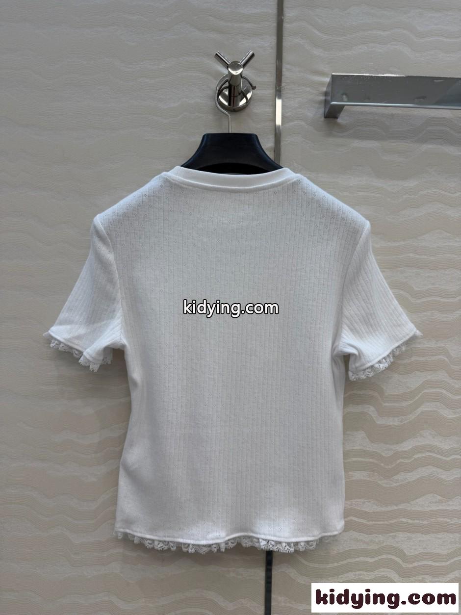 レーストリム リブニット トップス ミュウミュウ Tシャツ 偽物 コットン ホワイト-4